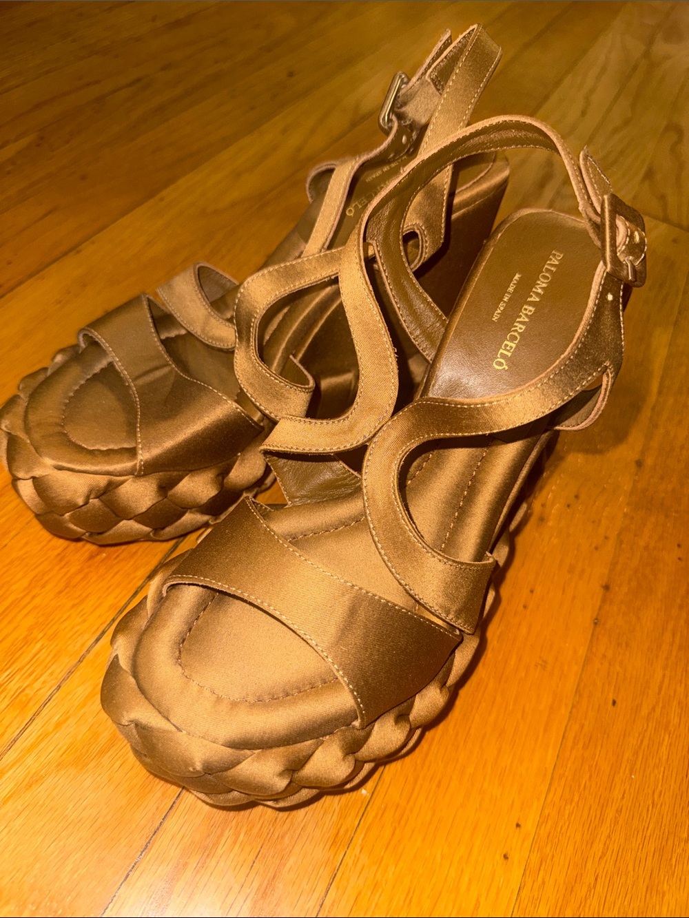 Paloma Barcelo Bronze Satin Braided Platform Wedge Sandals